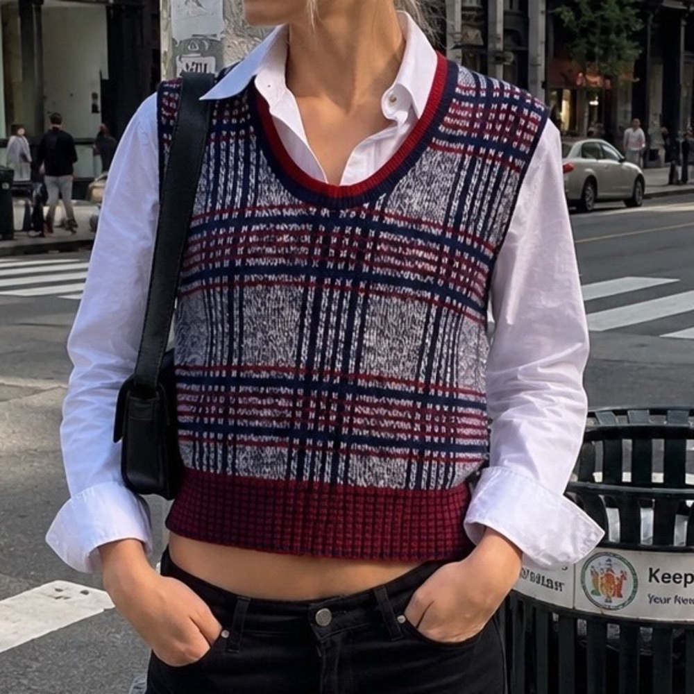 Vintage Robert Bruce Grubb Stuff Plaid Sweater Vest Navy Red‎ White Small USA N2